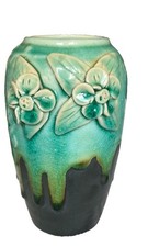Vintage Clay Ceramic Vase Turquoise Teal Brown Drip Crackle Glaze 3D Floral picture