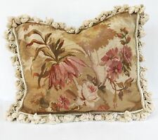 VINTAGE FLORAL NEEDLEPOINT PILLOW COVER W/LOVELY TASSELS AND VELVET BACK picture