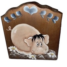 Cute Vintage wood napkin holder hand painted pig picture