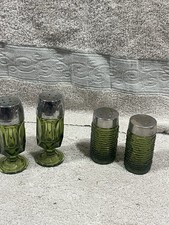 Lot of 4 vintage mid-century modern avocado green glass salt & pepper shakers. picture