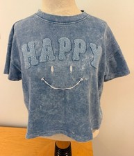 Vintage Havana Happy Smiley Face Acid Wash Blue Short Sleeve Tee Shirt XL Teen picture
