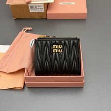 Miu Miu 5MV017 Black Matelasse Leather Bifold Wallet Gold Logo Zip Coin Purse picture