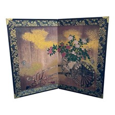 Vintage Japanese Mini Byobu Folding Screen Flower Cart Gold Decor 10.5” picture