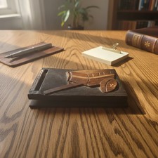 Vintage Wooden Memo Pad Holder Hand Carved Wheelbarrow Folk Art Desk Accessory picture