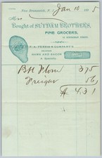 1895 NEW BRUNSWICK N.J SUYDAM BROTHERS GROCERY FERRIS HAMS BACON BILLHEAD W/HAM picture