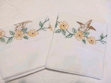 2 Pretty Vtg White Cotton Pillowcases w Embroidered Yellow Flowers & Songbirds picture