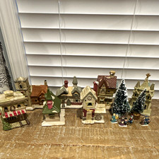 VTG Christmas Lot 7 Porcelain Houses, Works 6-Socket Cord, Figures, Tree, Lamp picture
