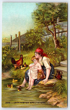 VINTAGE OLD ANTIQUE POSTCARD WOMAN BOY BIRDS DUCKS BRIDGE INTERESTED SPECTATORS picture