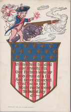 Postcard 4th of July Greeting c. 1910s Patriotic Boy Soldier Lighting Cannon TRC picture