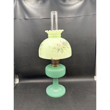Antique Aladdin Jadeite Green Milk Glass Quilted Oil Lamp Hand Painted Shade picture