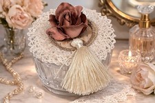 Handmade Soft Rose Powder Puff In Pedastal Dish Boudoir Vanity Gift Shabby Chic picture