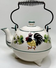 VTG Hand-Painted Ceramic Japanese Rooster Floral Tea Pot w/Wire Handle Footed picture