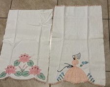 VTG 2 Cotton Linen Crochet Embroidery Handmade Cream Crinoline Lady & Pink Lotus picture