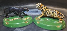 Vtg 1952 Phil Mar Ceramic Big Cat Ashtray Set MCM Black Panther Bengal Tiger... picture
