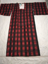 ​Vintage Japanese Michiyuki Coat Red Black Block Check Haori Unused Deadstock picture