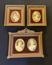 Trio of Vintage Cameo Creations Portraits in Ornate Gold Frames Red Velvet picture