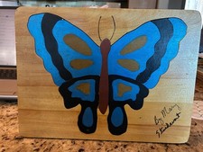 Vintage Hand Painted Signed Wooden Butterfly Puzzle Intarsia Wood Art picture