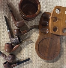 Tobacco Pipe Stand 6 Rack Holder Walnut Wood Vintage Plus handmade Accent bowl picture