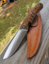 Custom Hand Ground Camp Knife S1 Tool Steel Golden Quilted Maple Custom Sheath picture