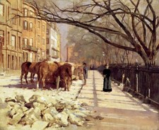 Oil painting old town landscape Beacon-Street-Boston-Theodore-Robinson canvas picture