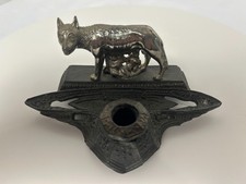 Rare Antique Pewter Capitoline She-Wolf Dual Inkwell Set - Stamped 