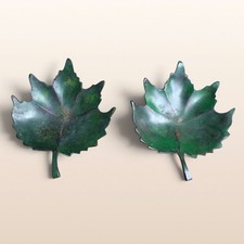 Vintage Pair Green Metal Catch All Dishes Small Maple Leaf Metal Trinket Dishes  picture