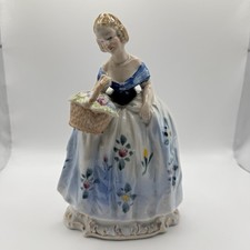 Vintage Japan Porcelain Lady Figurine 8” Woman w/ Basket Floral Dress picture