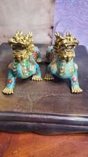 Pair Chinese Cloisonne-Style Qilin Dragon Enamel Statues picture
