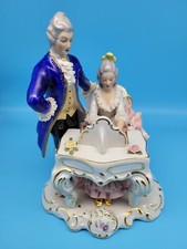 Sandizell Hoffner Dresden N Crown Porcelain Ruffled Lace Man Woman Playing Piano picture