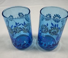 Vintage 1970s Anchor Hocking Misty Blue Daisy Glasses - Set of 2 Juice Tumblers picture