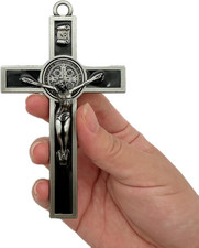 Antique Silver Crucifix Wall Cross-St. Benedict Metal Black picture