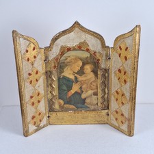 Vtg Italian Florentine Gilt Wood Triptych Folding Icon Madonna G.B. Florence picture