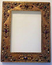 Antique Victorian Jeweled Brass Picture Frame Ornate Filigree 8x10 c1900 picture