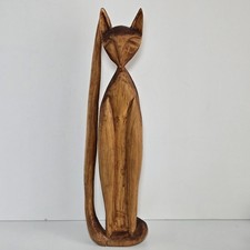 Vintage Tall 1990s Handcarved Folk Art Primitive Wooden Cat Statue Signed picture