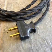 TWISTED BLACK ~ 8' Vintage Lamp Cord ~ Cloth Covered Wire w/ BLACK Flat Plug picture