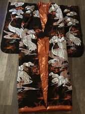 Vintage Japanese Kimono w/ Embroidered Crane ~ Black & Orange ~ 6 Ft Long picture