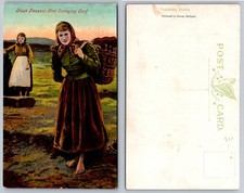 Irish Peasant Girl Carrying Turf Postcard, Valentine Dublin, Early 1900s picture