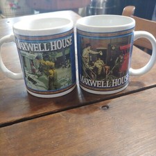 2 Maxwell House Coffee Mugs  Circa 1949 & 1951 Rockwell Fireman Snow Shoveling  picture
