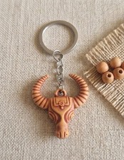 Buffalo Bull Head Keychain Plastic Animal Skull Charm Key Ring Brown Pendant picture