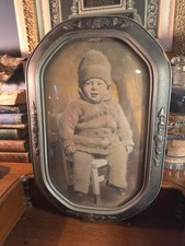 Antique Hand Colored Child Portrait Convex Bubble Glass Floral Metal Frame picture
