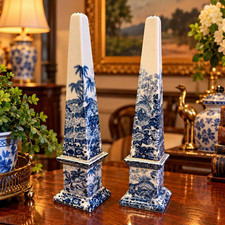 Amazing Pair of Vintage Chinese Blue & White Porcelain Chinoiserie Obelisks picture