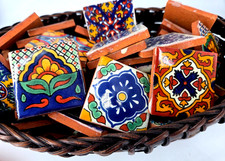 Set 12 Mexican Talavera Pottery Decorative 2-inch TERRACOTTA TILES Mexico Signed picture