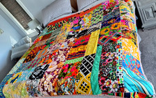 Vtg 1970s Crazy Quilt Handmade, Bright Flower Power Fabrics, Machine Sewn, 92X72 picture