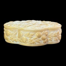 Gold Gilt Milk Glass Vanity Jewelry Box Antique Victorian Trinket Dresser Decor picture