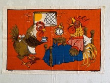 Vintage Tea Towel MCM Hen Rooster Coffee in Bed Anthropomorphic Dunmoy NOS picture