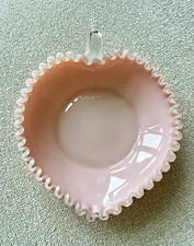 RARE Vintage 1950s Fenton Pink Milk Glass Ruffled Heart Dish - Perfect Condition picture