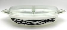 Vintage 1958 PYREX DIVIDED SERVING 1.5 QUART DISH w LID Black Barbed Wire Design picture