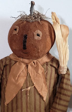 Vintage Primitive Pumpkin Head Doll Scarecrow Folk Art Halloween Decor picture