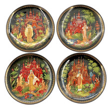 Russian Fairy Tale Collector Plates Palekh Numbered Set of 4 Ornate Black Gold picture