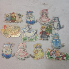 Vintage 1980s Kitty Cucumber Cats Die Cut Ornaments Hanging Cardboard Sparkle 12 picture